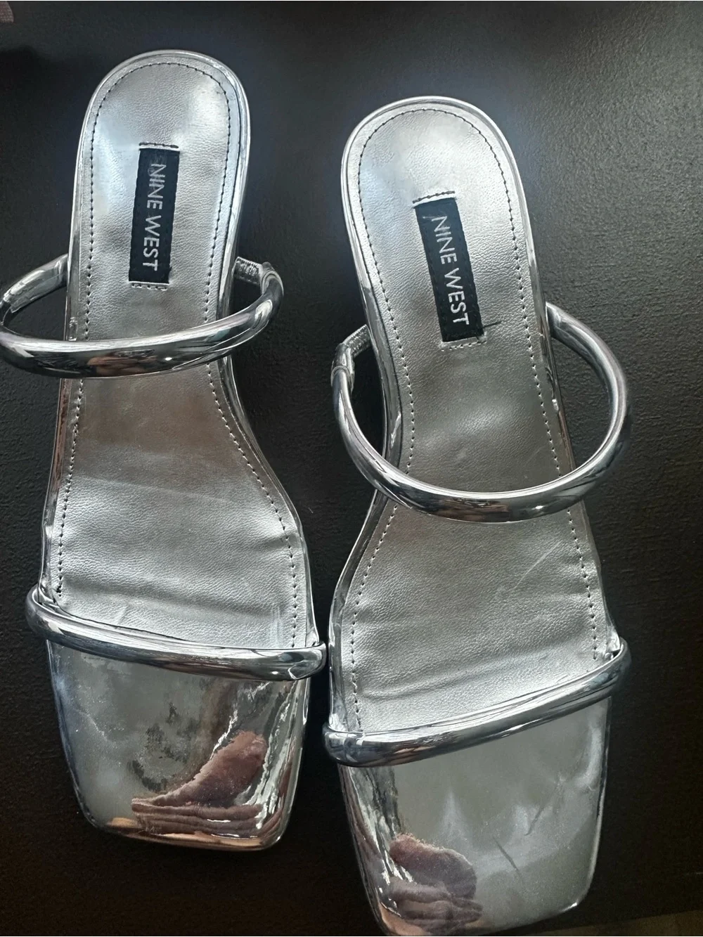 Nine West Silver Metallic Double-Strap Square-Toe Slides